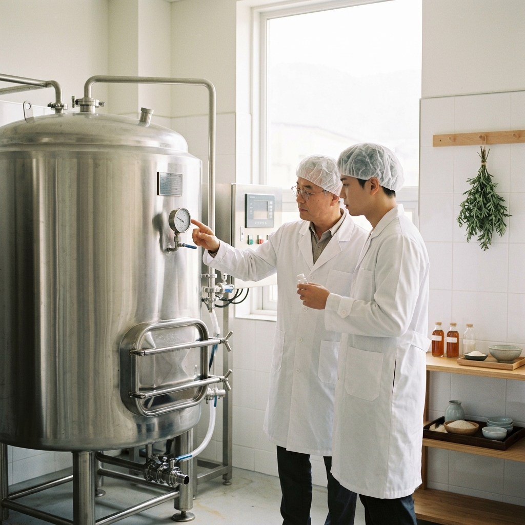 NSTBIO Korean fermentation facility technicians inspecting tank.