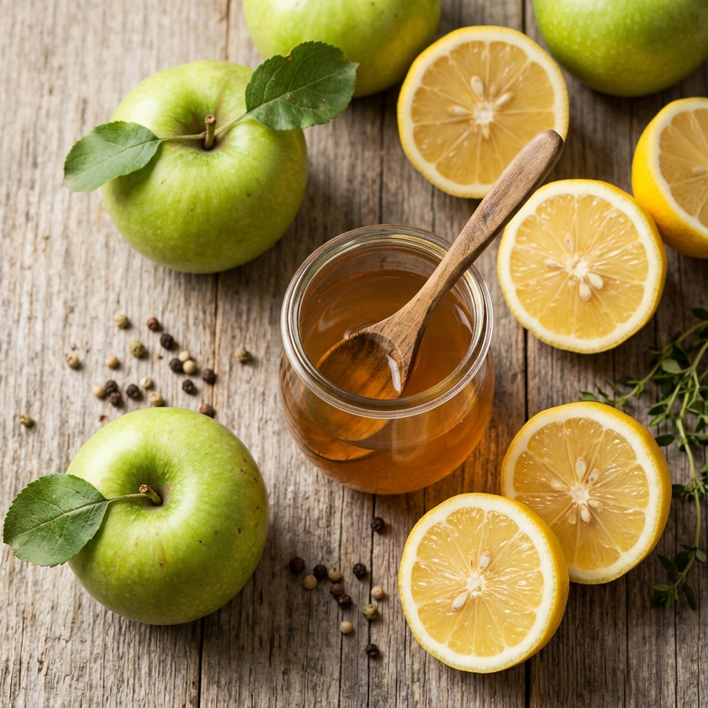 Apples and lemons ingredient still life on wood.
