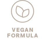 Circle enclosing two leaves above the text 'VEGAN FORMULA' in beige